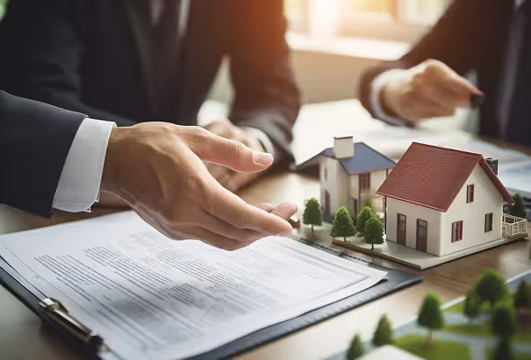 Two professionals in business attire discussing real estate contract with house models on table.