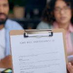 Closeup, hand and last will for document in office for testament_s