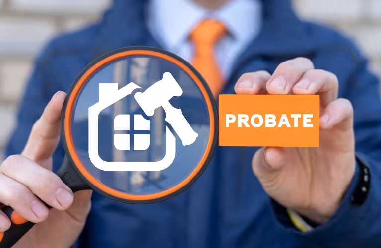 Person in suit holding magnifying glass with house and gavel icon, and orange "PROBATE" sign.