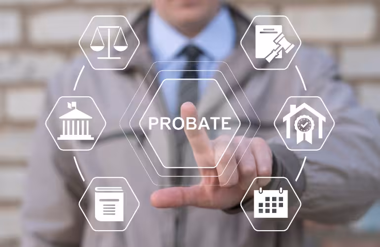 Man in suit and tie pointing at virtual hexagon icons related to probate law.