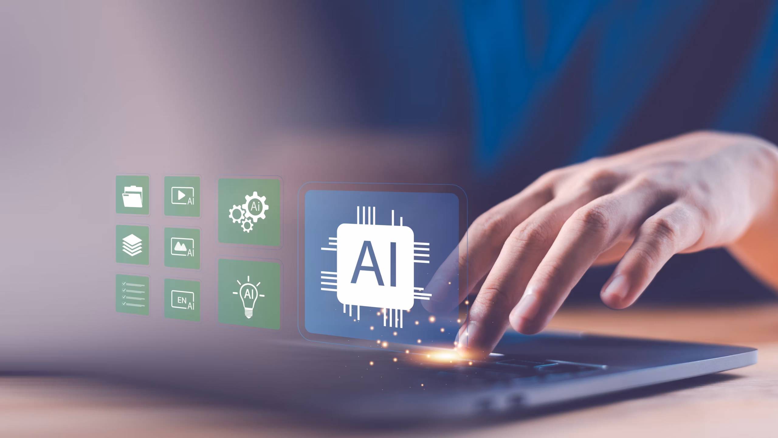 Close-up of a hand interacting with a laptop keyboard, displaying floating AI technology icons.